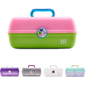 Caboodles On-The-Go Girl Makeup Box, Two-Tone Pink on Neon Green, Hard Plastic Makeup Organizer Box, Built-In Mirror, Secure Latch for Safe Travel, Spacious Storage for Large Items