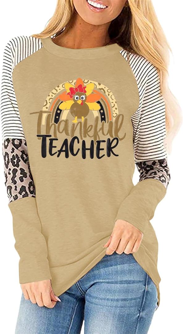 MOUSYA Thankful Blessed T-Shirt Thanksgiving Colorful Turkey Tshirt Women 3/4 Sleeve O-Neck Striped Splicing Tops Tees (XX-Large)