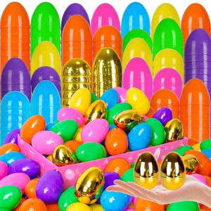 300 PCS Easter EggsPlastic 2.4" Bright Colorful Eggs with Golden Eggs, Easter Egg Fillers for Easter Egg Hunt Candy Filling Party Decorations and Kids Gifts