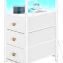 Yoobure End Table with Charging Station, LED Narrow Side Table Bedside Table, Small Night Stand End Tables Living Room, Skinny Nightstand with 3 Fabric Drawers, Side Tables Bedroom for Small Spaces (White)
