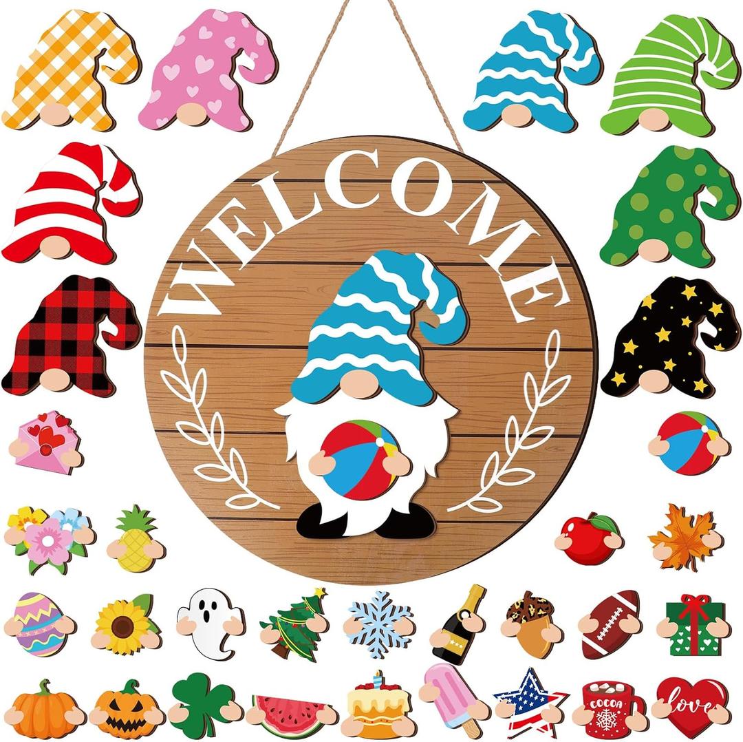 Qunclay Interchangeable Wooden Gnome Decor Holiday Seasonal Gnome Decorations with Magnet Pieces and Detachable Hats Changeable Welcome Sign for Home(Simple Style)