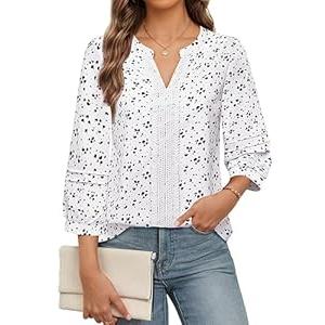 Unixseque Blouses for Women Dressy Casual 3/ 4 Sleeve Womens Business Casual Tops Henley V Neck White Dress Shirts Professional Clothes for Work Inter Tops Fall Summer Office Attire Swiss Dot, Medium