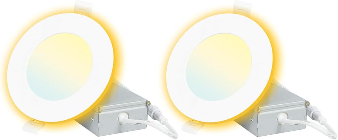2 Pack 4 Inch 5CCT LED Recessed Light with Night Light, 2700K 3000K 3500K 4000K 5000K Selectable Ultra-Thin Lighting, 9W, 120V, 750LM, Dimmable Canless Wafer Downlight, ETL FCC (White)