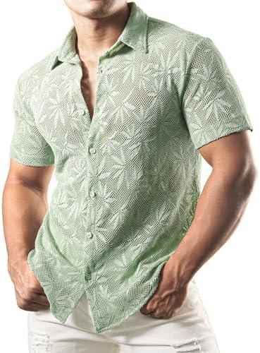 JOGAL Mens Floral Lace Shirt See Through Casual Button Down Shirts XL