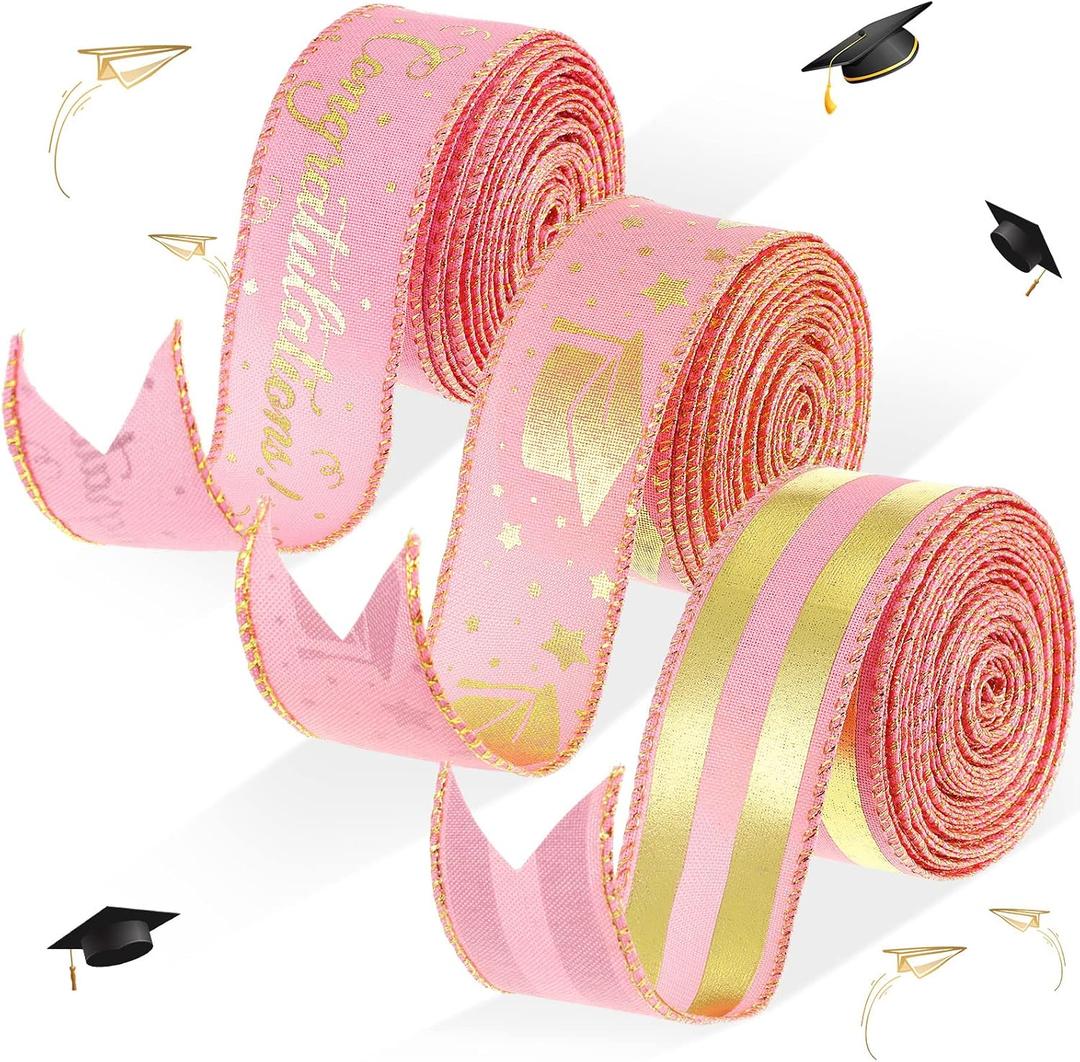 Geosar 3 Roll 2026 Graduation Ribbon 1.5 Inch Graduation Party Favors Congrats Grad Ribbon Bronzing Wired Edge Ribbons with Cap Star Stripes Gold Decoration Craft Supplies (Pink and Gold)