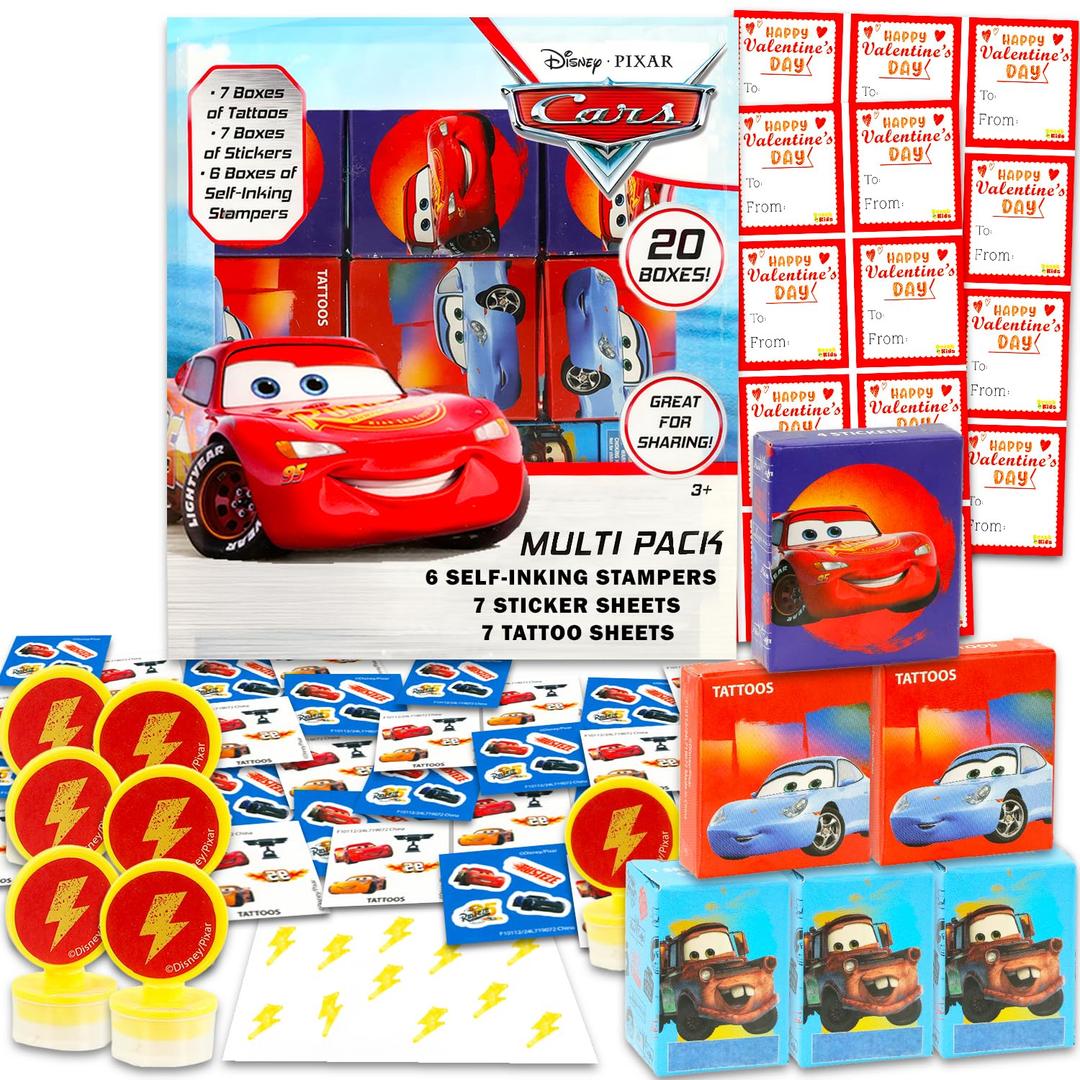 Disney Cars Valentine's Day Classroom Gift Exchange Set - Bundle with 20 Treat Boxes with Stickers, Tattoos, Stampers for Valentines Classroom Party | Lightning McQueen Goodie Bags
