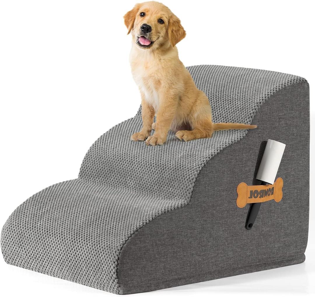 Romrol Dog Stairs Ramp for Beds Couches, Extra Wide Pet Steps with Durable Non-Slip Waterproof Fabric Cover, Dog Slope Stairs for Small Dogs and Cats or Pets Friendly, 3-Tiers,15 Inch