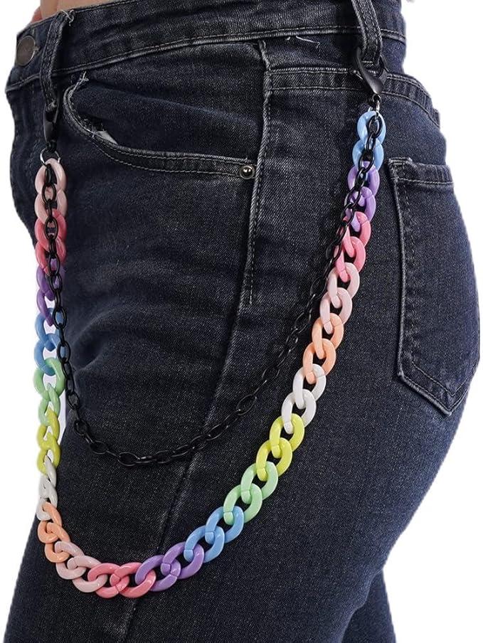 Wiwpar Colorful Acrylic Jean Chains Wallet Pocket Chains Rainbow Jean Pants Chain Keychain Body Chain for Women and Girls (Black)