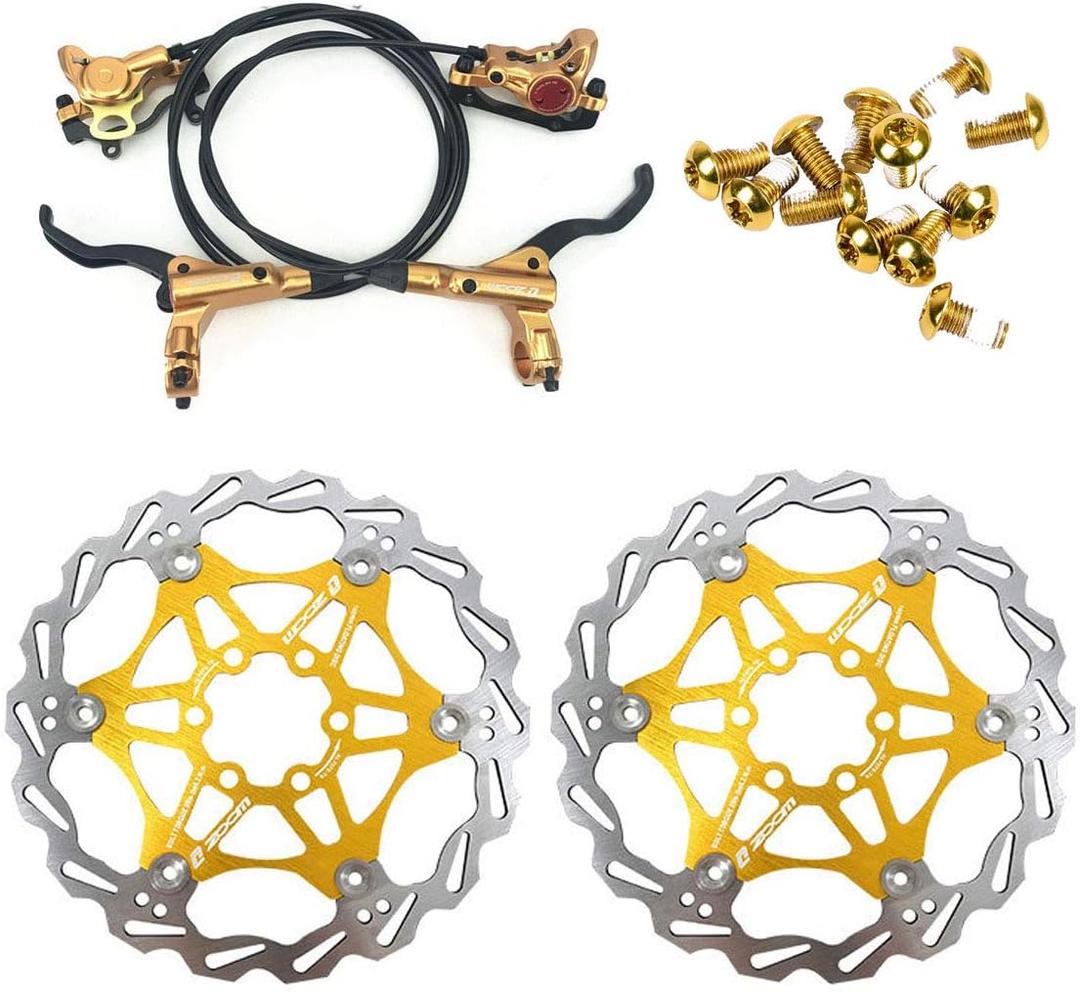 Zoom Hydraulic Disc Brakes Mountain Bike Sets MTB Front & Rear Set with Floating Disc Rotor 160mm & Color Bolts (Gold)