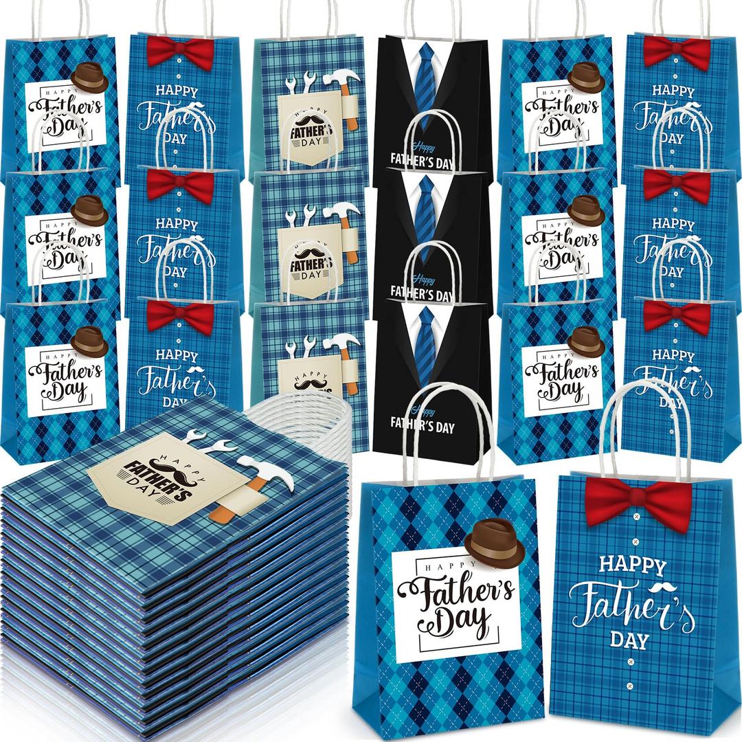 Saypacck 100 Pcs Fathers Day Gift Bags with Handle Bulk Blue Reusable Kraft Paper Tote Goodie Candy Package Shopping Present Wrap Bag for Happy Father Dad Grandpa Men Birthday Party Supplies (Classic)
