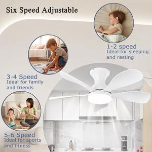 Ceiling Fans with Lights and Remote/APP Control, 33 Inch Low Profile Flush Mount Ceiling Fan with 3 Colors Dimmable LED, Reversible 6 Speeds DC Motor for Outdoor Patio, Kids Room, Bedroom White
