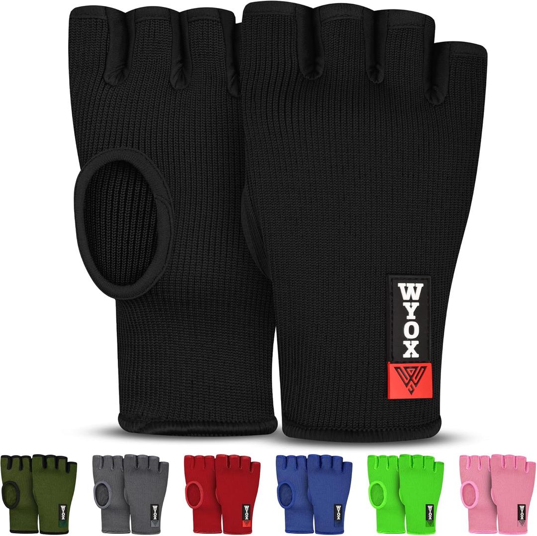 WYOX Boxing Hand Wraps Inner Gloves Men Women, Half Finger Under Mitts with Elasticated Bandages for Fist Protection, Ideal for Muay Thai, Kickboxing, MMA, and Martial Arts, Perfect for Training (L/XL (22-26cm), Black)