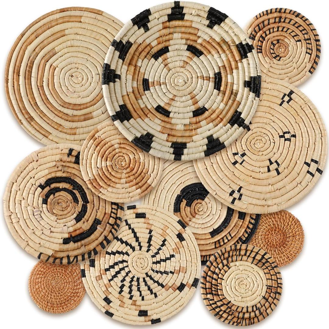 Tatuo 11 Pcs Boho Wall Basket Decor Decorative Bulrush Woven Basket Wall Decor Art Round Farmhouse Hanging Baskets for Kitchen Rustic Home Summer Decorations, Multi Sizes(Artistic)