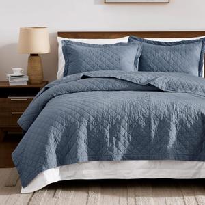 WDCOZY 100% Cotton Quilt Oversized King Size Bedspread, Pre-Washed 3-Piece Lightweight Soft Coverlet Set with 2 Pillow Shams, Modern Neutral Design Design All Season Bedding Set, Dusty Blue