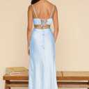 Satin Slip Backless Midi Dress for Wedding Guest Silk V Neck Cut Out Tie Back Long Dresses for Women 2023 White