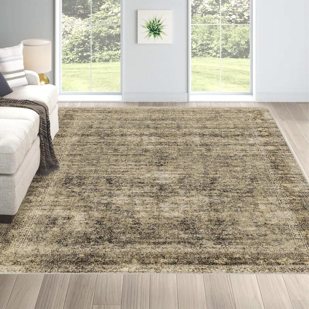 6x9 Low Pile Rug Stain-Resistant & Machine Washable Carpet for Living Room, Bedroom Vintage Floral Print Non-Slip Pet-Friendly Neutral Brown