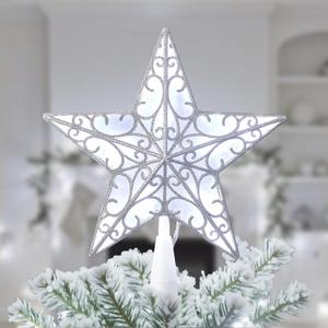 Brightown Christmas Tree Topper Star Lighted 3D Hollowed Sliver Pentagram Built-in 10 Bulbs Glitter Sparkling White Christmas Tree Star Topper Plug in Vintage Indoor Holiday Xmas Decorations Ornaments