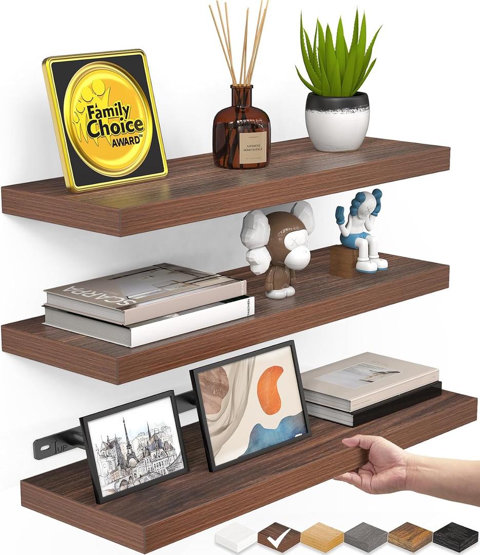 BAYKA Floating Shelves for Wall, Set of 3, Wall Mounted Rustic Wood Shelves for Bathroom, Bedroom, Living Room, Kitchen, Small Hanging Shelf for Books/Storage/Room Decor, Walnut-Like, 15.7in