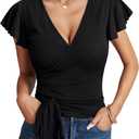 Vrtige Women's Top Deep V Neck Short Sleeve Shirt Tie Up Front Ruched Crop Wrap Blouse (X-Large, Black)