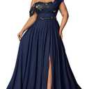 VOUIAO Women Plus Size Bridesmaid Dresses Sequin Summer Maxi Dress A Line Wedding Guest Prom Evening Party Cocktail Gown Navy Blue 2XL