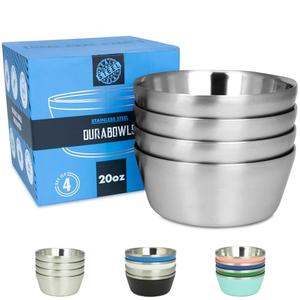 Stainless Steel Insulated Bowls for Kids and Adults - 20 Oz Double Wall Metal Bowls for Ice Cream, Soup, Cereal, Snack, Rice Dish, Camping Bowl (4 pack Stainless Steel)