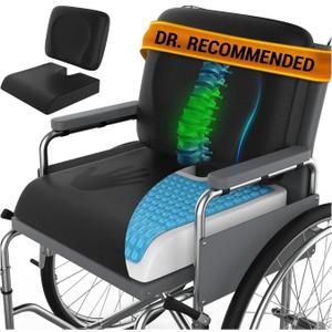 Wheelchair Cushion for Pressure Relief - (2-Piece Set) 18x16 Anti-Slip Wheelchair Seat Cushions for Adults, Seniors with Lumbar Pillow and Removable Strap, Gel Cushion for Wheelchair (Black)