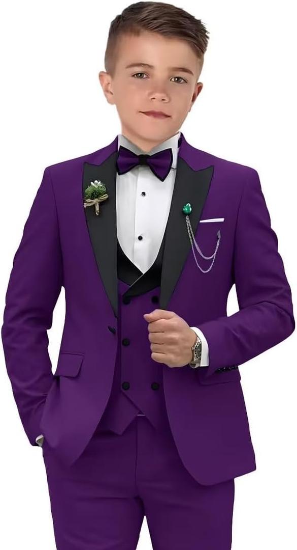 Boys Suits 3 Piece Formal Solid Slim Fit Suit Peak Lapel Blazer Pants Vest Boys Suit Double Breasted Kids Tuxedo (14, Purple)