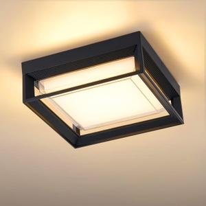 Square Flush Mount Outdoor LED Ceiling Light Fixture, 120V 24W 3000K 9 inch Medium Overhead Porch & Patio Lights Ceiling Mounted, Waterproof Suitable for Wet Areas, Black