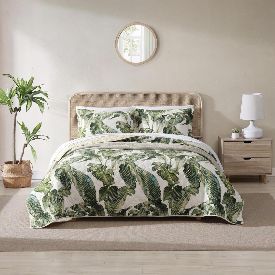 Tommy Bahama - King Quilt Set, Reversible Cotton Bedding with Matching Shams, Pre-Washed for Added Softness (Fiesta Palms Green, King)