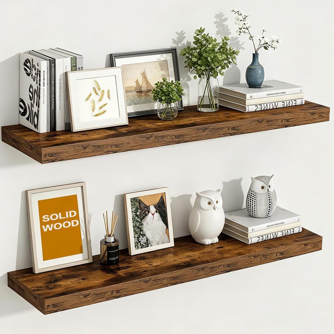 Solid Wood Floating Wall Shelves, Wall Mounted Display Bookshelf for Bedroom, Bathroom, Kitchen, Living Room, Decor Wall,Set of 2 (Country Style Brown, 35.8'W *9.25" D*1.57" H,Set of 2)