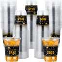 50 PCS Graduation Plastic Cups Class of 2025 Graduation Party Cup 16 oz Congrats Grad Disposable Clear Cups Black and Gold Plastic Drinking Cup for Graduated Grad Festivities Party Supplies