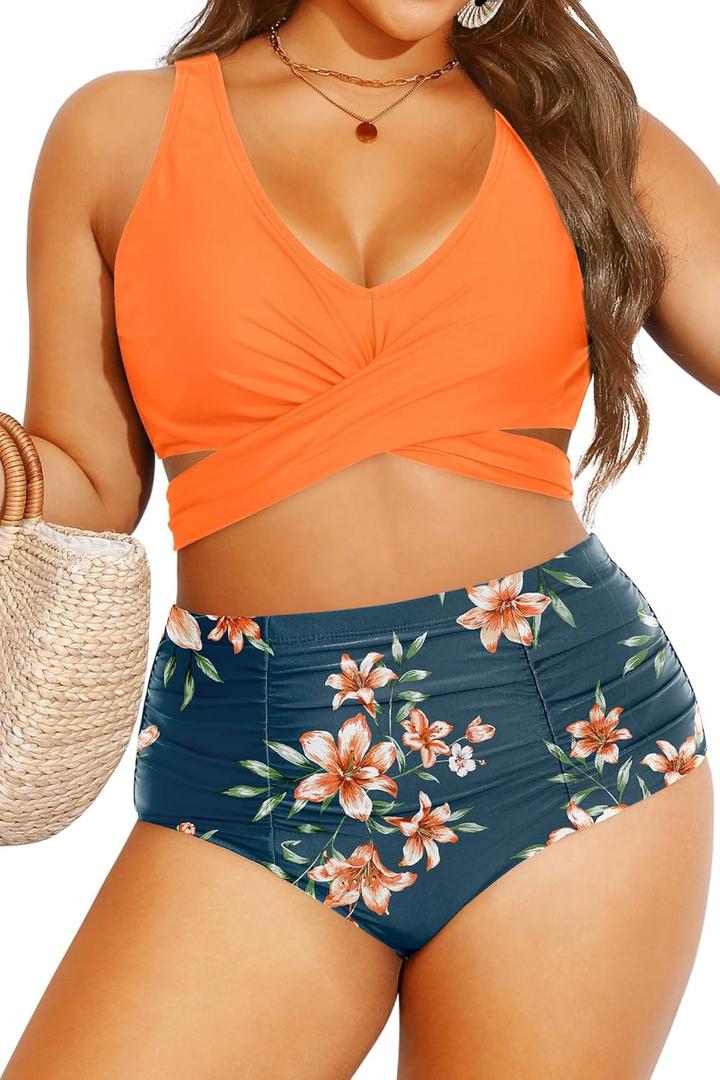 Women Plus Size High Waisted Bikini - Two Piece Swimsuit Tummy Control Bathing Suit Wrap Tie Back 2025 Swimwear (Orange Flowers, 16 Plus)