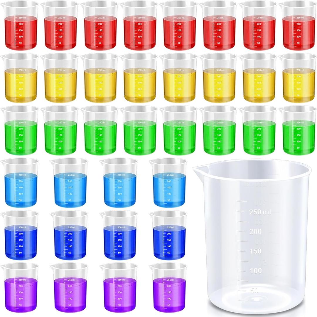 Tanlade 36 Pcs Plastic Beakers Transparent Lab Measuring Cup Clear Liquid Measuring Mixing Cups Raised Graduations, Tapered Spout for Laboratories, Classrooms, Home (250 ml)