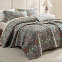 Sanracie Oversized King Bedspread 128"x120",100% Cotton Lightweight Breathable Flower Botanical Printed Pattern Quilted Bedspreads Set 3Pcs Extra Soft Aesthetic Coverlet Set for All Season