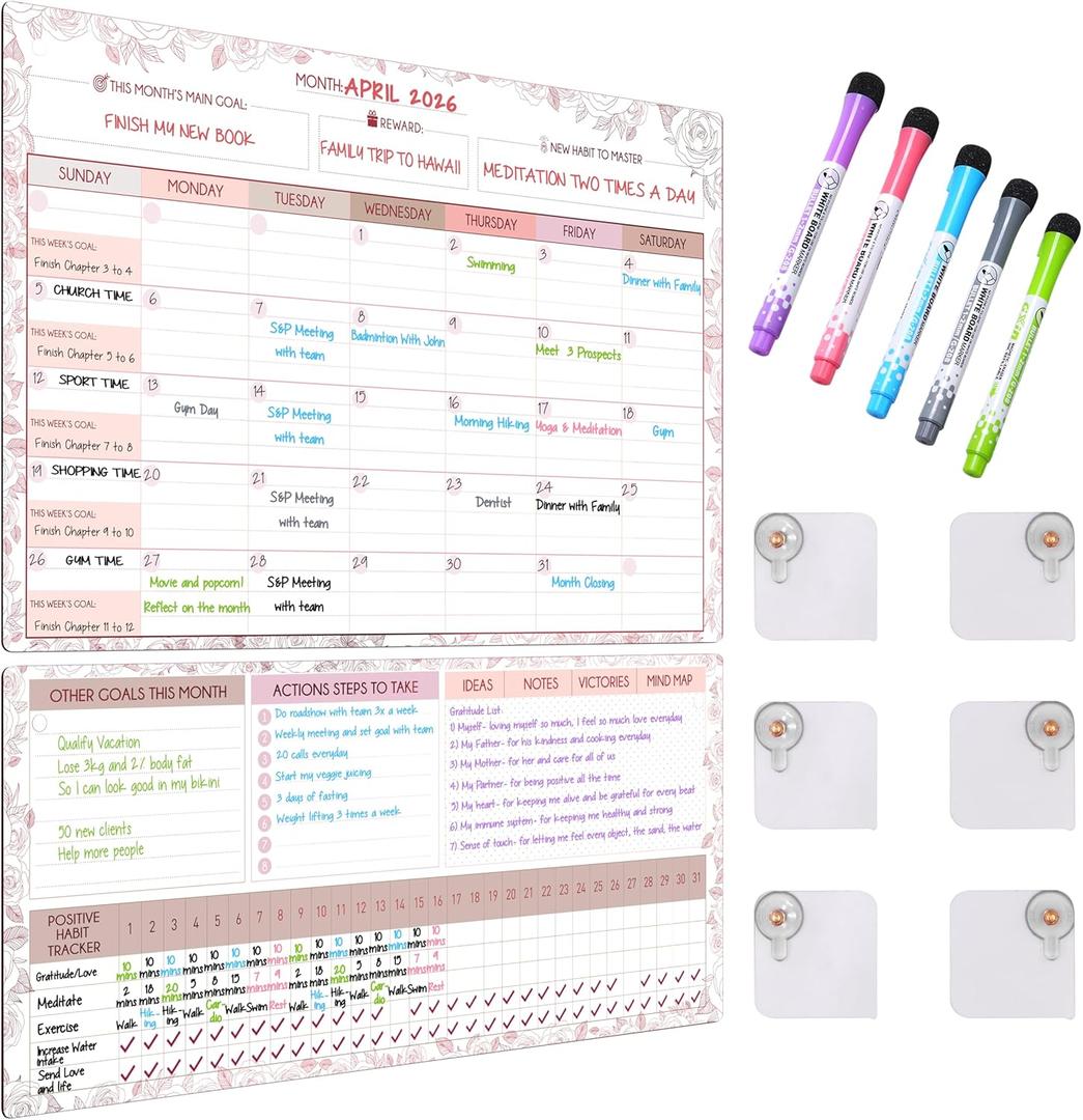 Magnetic Whiteboard for Fridge - Large Dry Erase Calendar for Wall | 3 Magnetic Dry Erase Board 10.5" x 16.5" & 7" x 16.5", Monthly Goal Setting & Habit Tracker, 5 Markers and 6 Adhesive Hooks