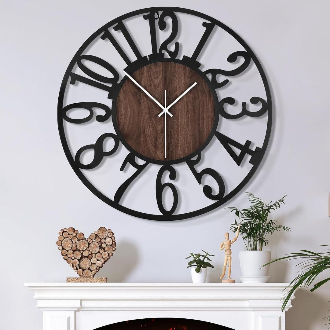 Large Wall Clock for Living Room Decor, 16 Inch Non Ticking Silent, Battery Operated Modern Vintage Oversized Wall Clock for Bedroom Kitchen