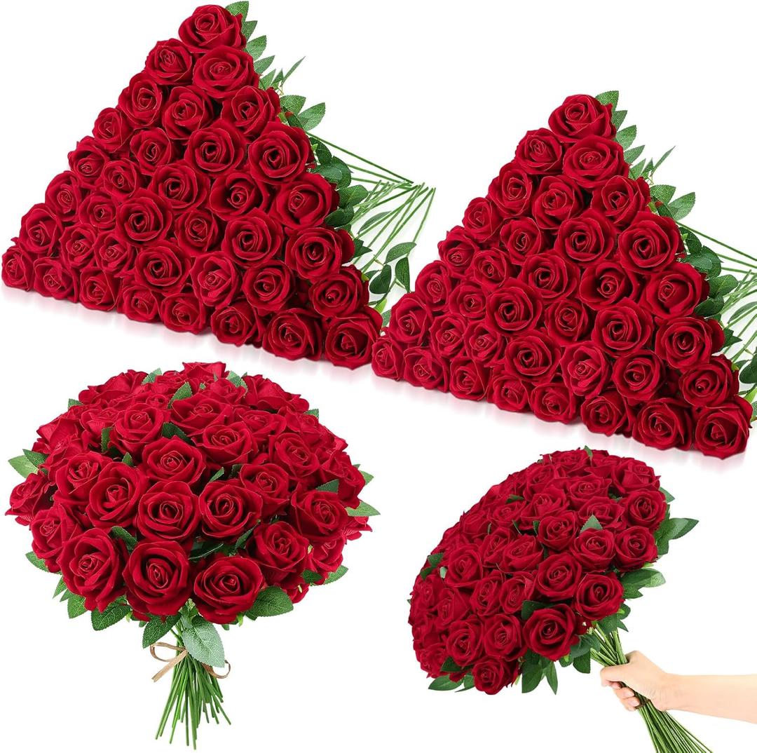 80 Pcs Roses Artificial Flowers, Silk Crimson Burgundy Artificial Flowers Petals Long Stem Roses for Wedding Bouquet Home Party Decor