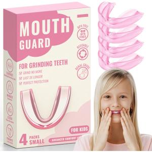 4 Pack Pink Kids Mouth Guard for Teeth Grinding,Comfortable Night Guard,Moldable Child Bite Guard for Clenching Teeth, Mouthguard for Kids