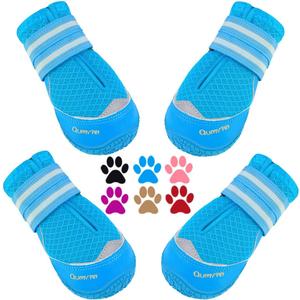 QUMY 4PCS Dog Boots for Large Dogs, Medium Dog Shoes & Paw Protectors for Hot Pavement, Summer Heat Protection, Mesh Breathable Nonslip Dog Booties for Hardfloors, Walking Running Hiking Blue Size 4