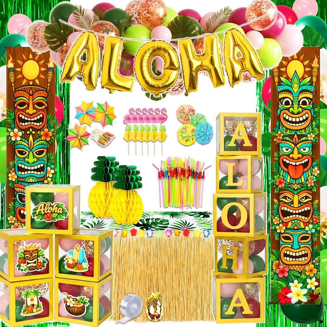 169 PCS Luau Party Decorations, Hawaiian Party Supplies - "ALOHA" Balloons, Hawaiian Boxes, Balloon Arch Garland Kit, Fringe Curtains, Palm Leaf, Table Cloth and Skirt