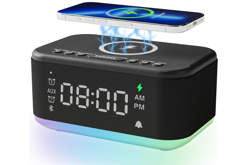 Alarm Clock Speaker Wireless Charger, Digital Alarm Clocks Bedrooms Bluetooth, Alarm Clock Dimmable Light Bedrooms Dual Alarm Snooze Dimmer 12 24H RGB Night Light Bluetooth USB AUX, Black