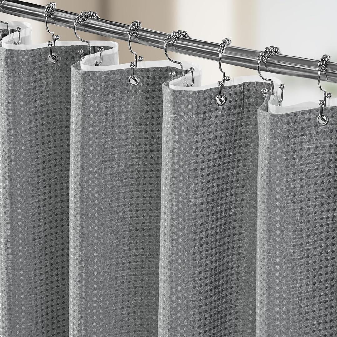 3 in 1 Shower Curtain Set, Waffle Shower Curtain and Liner Set with 12 Double Sided Shower Curtain Hooks, 258GSM Luxury Weighted Cloth Shower Curtains for Bathroom, 72 W x 72 H, Grey (72"W x 72"L (Pack of 1))
