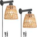 Boho Plug in Wall Sconce Set of 2  Black Farmhouse Wall Lights with Rattan Shade | Bedroom & Living Room Plug in Wall Lamps for Sofa (5.9FT On/Off Switch Cord)