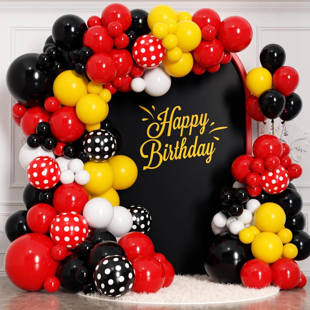 175Pcs Red Yellow Black Balloon Garland Arch Kit - Cartoon Mouse Theme Party Decorations with 18 12 10 5 Different Sizes Party Balloons for Birthday Anniversary Baby Shower Backdrop Decorations