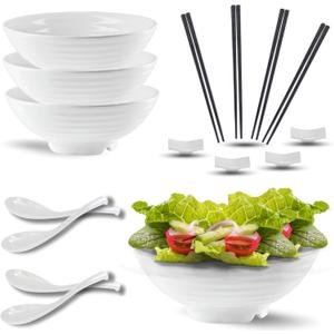 32 oz Melamine Ramen Bowl Set  Japanese Pho Bowls with Spoons, Chopsticks & Holders  20-Piece Noodle, Udon & Soup Dinnerware  Durable & Dishwasher-Safe  White