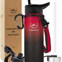 NATURE PIONEOR Insulated Water Bottles with Paracord Handle - 18 oz Vacuum Sports Wide Mouth Water Bottle with 3 Lids, Leak Proof Stainless Steel Keeps Hot and Cold