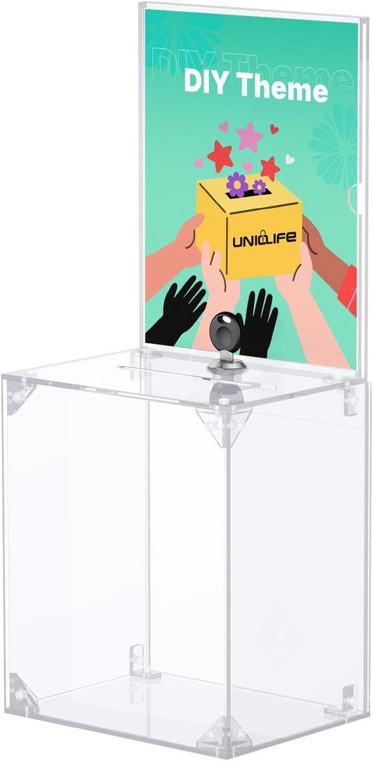 Uniclife Tall Acrylic Donation Box with Lock, 6.7" x 5" x 8", Clear Suggestion Box with Slot and Lock, Ballot Box with Sign Holder, Plastic Raffle Box Storage Container for Fundraising Voting Charity