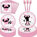 80 Pcs Pink 1st Birthday Party Supplies Girls One Year Old Paper Plates Napkins Forks for Girls 1st Birthday Baby Shower Party Decorations