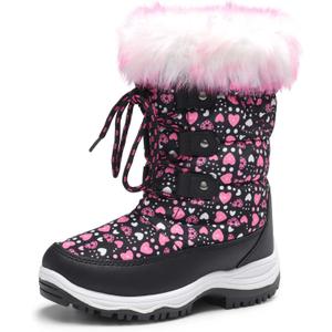 DREAM PAIRS Girls Snow Boots Warm Cozy Anti-Slip Lightweight Mid Calf Faux Fur Lining Winter Shoes for Little/Big Kids (Black/Pink)