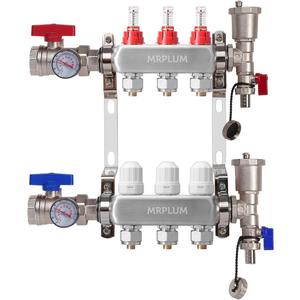 3-Branch Radiant Heat Manifold,Stainless Steel PEX Manifold with Compatible Outlets for Hydronic Radiant Floor Heating (1/2" Adapters included)